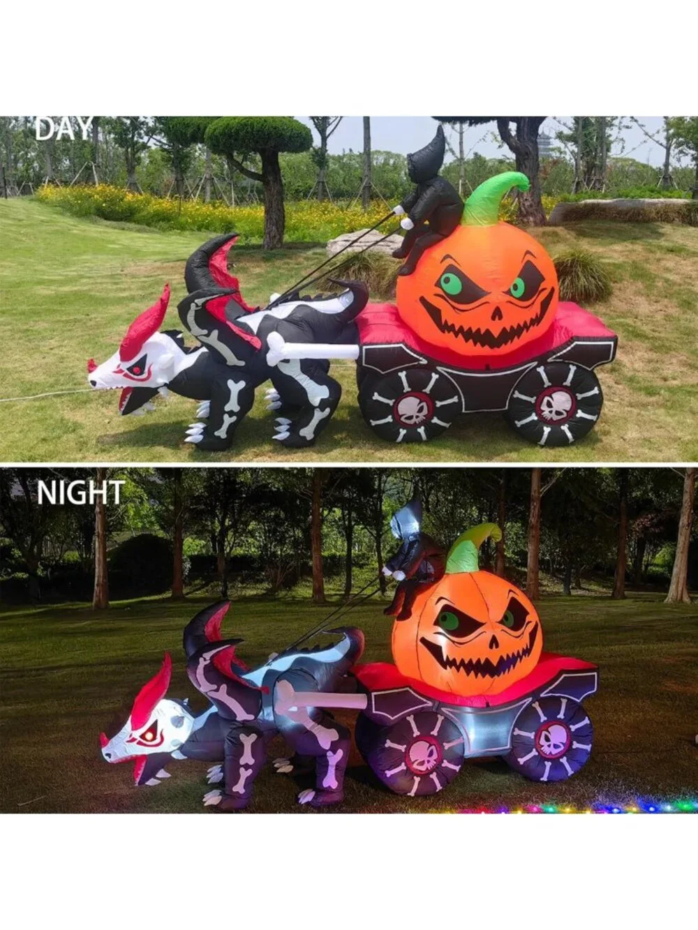 9FT Halloween Inflatable Carriage with Grim Reaper & Skeleton Dragon - LED